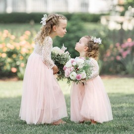 2Bunnies Girl Peony Lace Back A-Line Straight Tutu Tulle Party Flower Girl Dress (Pink Sleeve Maxi, 4T)