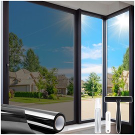 Homein One Way Privacy Window Film with Tool Window Tint for Home See Out Not in Heat Control Sun Blocking Mirror Reflective Anti UV Covering Static Cling No Glue Black-Sliver 35.4 x 157.4 inch