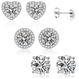 3 Pairs Silver Studs Earrings for Women Heart Earrings Cubic Ear Ringsfor Women, Silver Earrings for Women Studs, Stud Earrings for Girls Small Stud Earrings for Womens Brides Bridesmaids