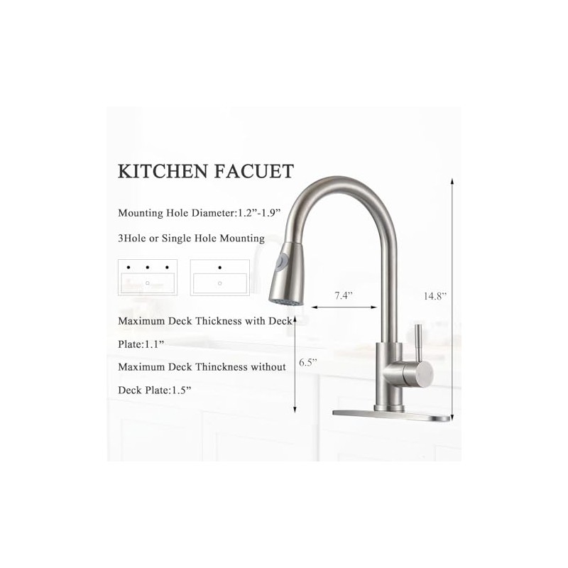 SHACO Kitchen Faucets with Pull Down Sprayer, Single Handle Stainless