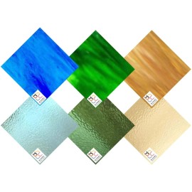 Wissmach 6 Sheet Mixed Variety Stained Glass Pack, Blue/Green/Amber, (8"X12")