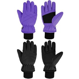 SATINIOR 2 Guantes Impermeables de Esquí para Niños Guantes de Nieve Cálidos Invierno (Negro, Morado, 4-7 años)