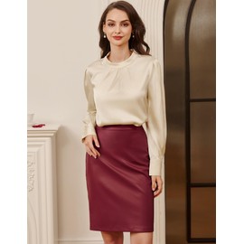 Belle Poque Leather Skirt for Women,Faux Leather Pencil Midi Skirts,Casual High Waist Bodycon Skirt with Back Slit, Wine Red S