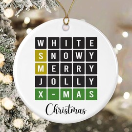 Wordle Christmas Ornament - Funny Word Lover Gift - White- Snowy - Merry - Jolly - Xmas - Decoration Christmas Tree Ornament - Wordle Ornaments For Family And Friends Printed on Both Sides