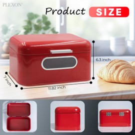 Plexon Red Bread Box for Kitchen Countertop with Lid and Clear Window, Metal Bread Storage Container