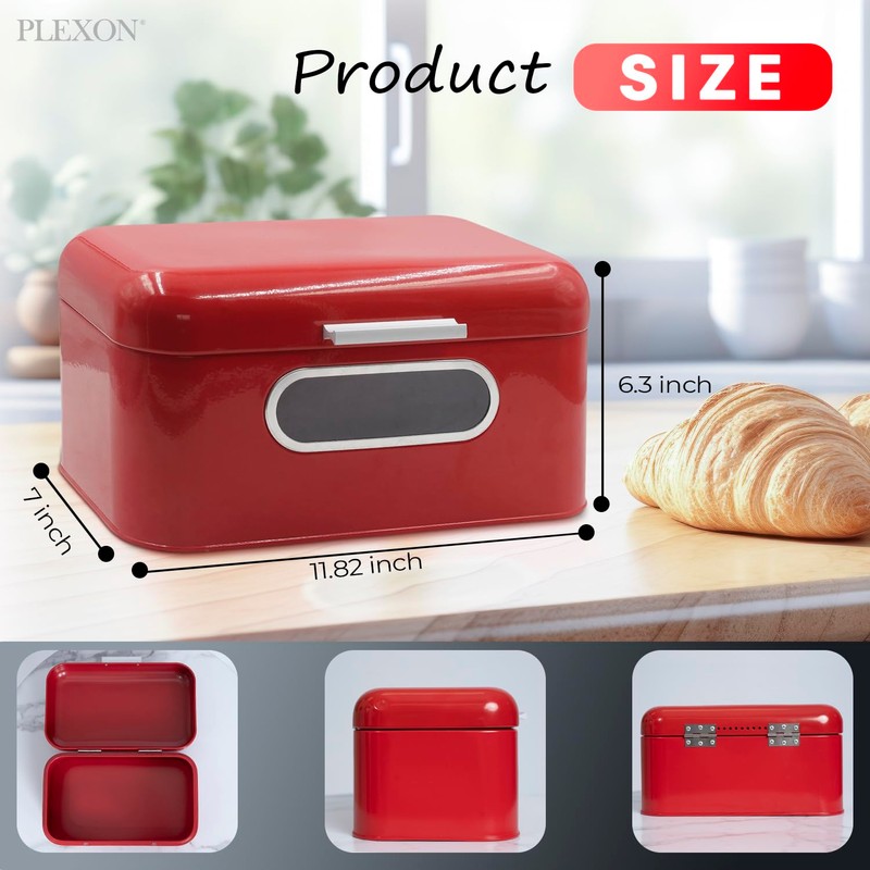 Plexon Red Bread Box for Kitchen Countertop with Lid and