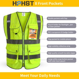 HPHST Multi-Pocket Reflective Safety Vest for Women and Men High Visibility Construction Worker Vest Meets ANSI/ISEA Standards Yellow (XX-Large)