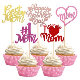 30 PCS Happy Mother's Day Cupcake Toppers Colorful Glitter Heart Best Mom Cupcake Picks I love you Mom Cake Decorations for Happy Mother's Day Theme Women Birthday Party Supplies | ZHUOWEISM