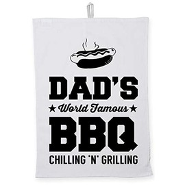 Hippowarehouse Dad's world famous bbq hot dog chilling 'n' grilling Tea Towel Eco Printed Dish Cloth Kitchen accessory 50cmx70cm 100% Cotton