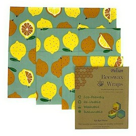 Beeswax Wraps 3 Packs - Organic Cotton - Eco Friendly Wax Sheet Wrappers - Plastic and Silicone Free - Reusable Beeswax Food Wraps in 3 Sizes (S,M,L) (Lemon Print)