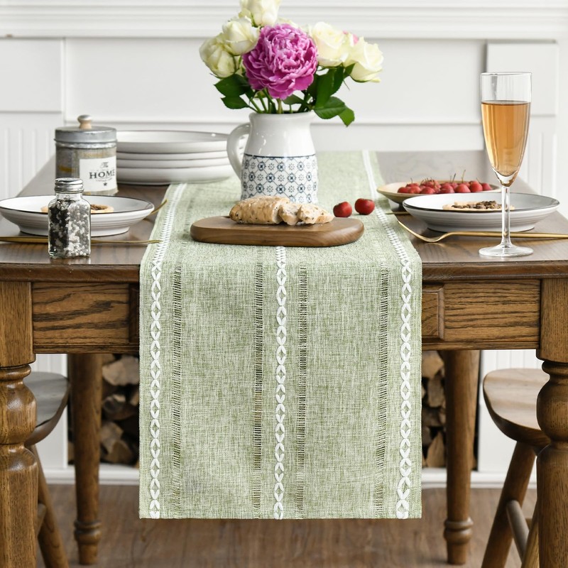 Artoid Mode Sage Green Rustic Cotton Linen Table Runner, Seasonal