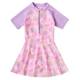 CRAZY GOTEND Girls One Piece Swimsuits Rash Guard Zipper Front Bathing Suit UPF 50+ Purple 10-11Years/4XL