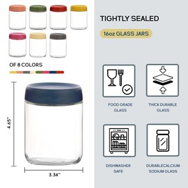 YZEROBAMB 16 OZ Glass Food Jar Storage Containers with Airtight Lids, Reusable Wide Mouth Overnight Oats Glass Mason Jars for Snacks Yogurt Pudding(Multicolor 8pack)