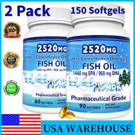 WowPicker 2 Pack Omega 3 Fish Oil 3000 mg Softgels, Fish Oil Supplements, 150 Count