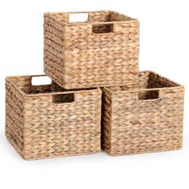 12x12x10 Water Hyacinth Storage Basket Large, Folding Cube Woven Wicker Storage Basket for Shelves, Pantry Baskets Organization and Storage, Kitchen Storage Baskets, Large Rattan Basket
