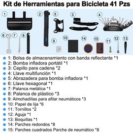 Kit de Herramientas de Reparación Bicicletas 41Pzs, 16 en 1 Multiherramientas Bicicleta, Mini Bomba, MTB Bolsa Reflectante, Adaptador Desarmador, Llaves Hexagonales, Palanca Neumáticos, Patches Juego