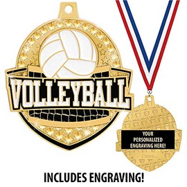 Crown Awards 2 1/4" Royal Volleyball Medals, Shiny Gold Volleyball Medal with Free Engraving