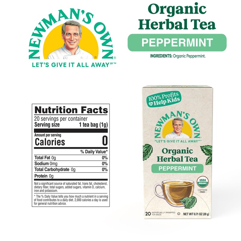Newman's Own Organic Peppermint Tea Caffeine Free Refreshing Mint Herbal