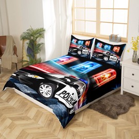Children's Police Car Bedding Set Toddler Boys Policeman Duvet Cover Black The Polica Vehicle Bed Linen 135 x 200 cm Car Decor Bed Set with 1 Pillowcase for Adults Girls