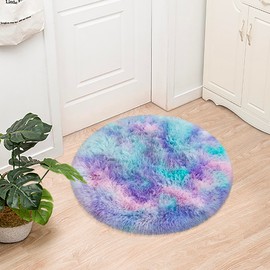 JiaoBaba Tie Dye Rainbow Round Rugs Small 3x3 ft Fluffy Circle Rug Furry Carpet Shaggy Circular Fuzzy Plush Area Rug for Girls Bedroom Kids Room Living Room Nursery Cute Room Decor Pet mat Doormat