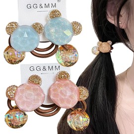 Wenlly 4 pieces cute bear hair ties, double headed elastic ponytail holder, Wrap hair rope, sweet hair scrunchies, hair accessories, pink & blue