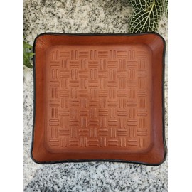 Leather Valet Tray, Embossed Basketweave Pattern, 8 oz Brown Premium Leather Finished Edges and Bottom.