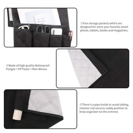 LYNKO Sofa Chair Couch Armrest Organizer, 5 Pockets Anti-Slip Armchair Storage Bag, Fits For Tablet, Phone, Pad, Book, Magazines, TV Remote Control (Black)