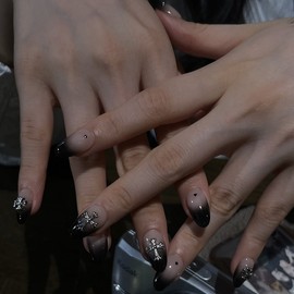Chrome Black Handmade Nail Tips - Coffin Egg / 크롬 블랙 수제네일팁 - 코핀에그