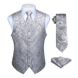 Hisdern Men's Floral Wedding Waistcoat, Tie and Handkerchief Set, Jacquard Waistcoat Suit Set, gray