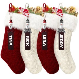 SOMYTING Christmas Stockings 4 Packs Knitted Xmas Stocking with Snowman Name Tags White Fur Xmas Hanging Stocking Decorations for Holiday Christmas Party New Year Decor Children's gifts (2red 2white)