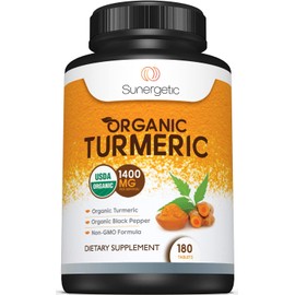 Sunergetic USDA Certified Organic Turmeric Supplement – Includes Organic Turmeric & Organic Black Pepper – 1,400mg of Turmeric per Serving - 180 Count (Pack of 1)