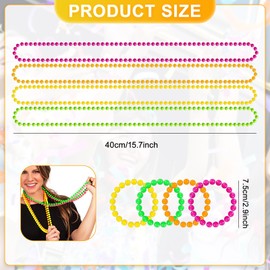 JEKUGOT 80s Fancy Dress Beads Mardi Gras Necklace Bracelets, Colorful for Women Neon Necklace Bracelets, Pack Includes Pink, Yellow, Green and Orange Beads, Fancy Dress Jewellery, for Festivals, Raves