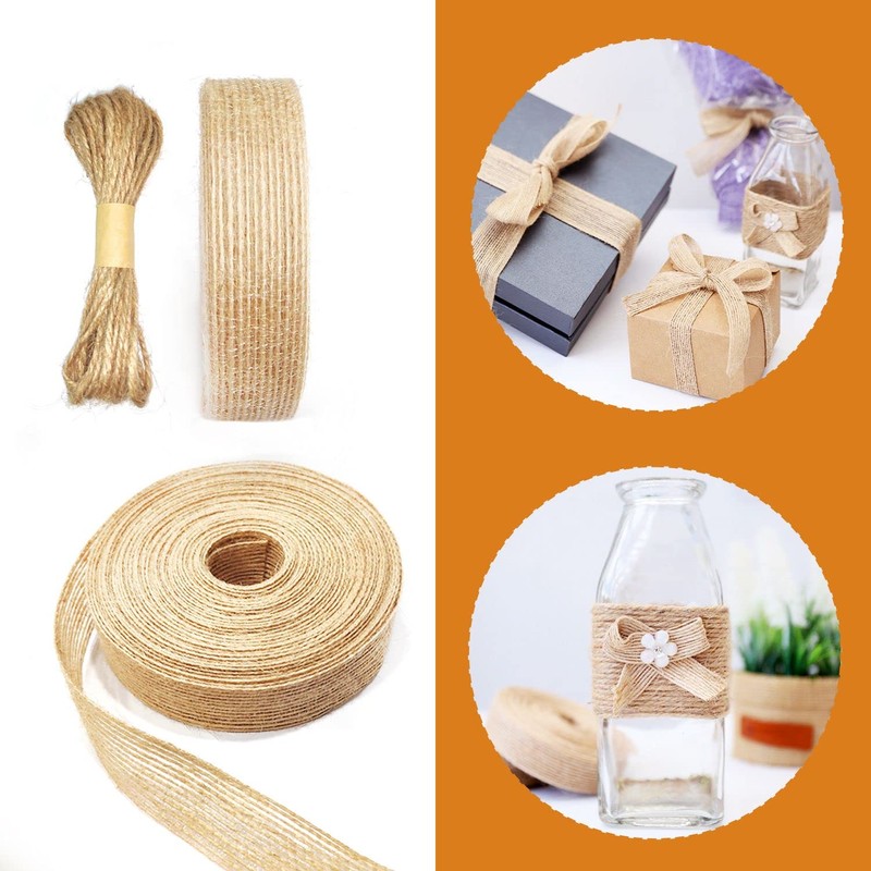 2 Rolls Burlap Craft Ribbon and 1 Bundle Natural Jute