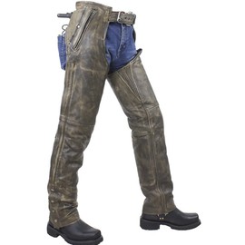Men's Riding Distressed Brown Butter Soft Leather Motorcycle Chaps W/Zip-out Liner (Large)