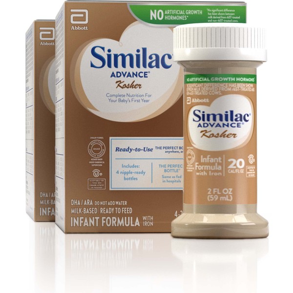 Similac Advance Kosher Infant Formula with Iron, 2 Fl OZ - 4 Bottles (2 Pack = 8 Bottles) Milk Based, Ready To Feed, Resealable Bottle, Cholov Yisroel, (0-12 Months)