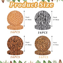 Pack of 64 Safari Plates 7 Inch with Animal Print,Plates with Leopard Print, Zebra Print, Tiger Print, Giraffe Print for Kids Birthday Party, Baby Shower, Jungle Safari Theme Party Supplies