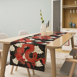 Camino de mesa de dragón rojo asiático, dragones japoneses chinos, animales voladores, nubes, cena, decoración de mesa para el hogar, cocina, comedor, decoración de fiesta, 13 x 60 pulgadas