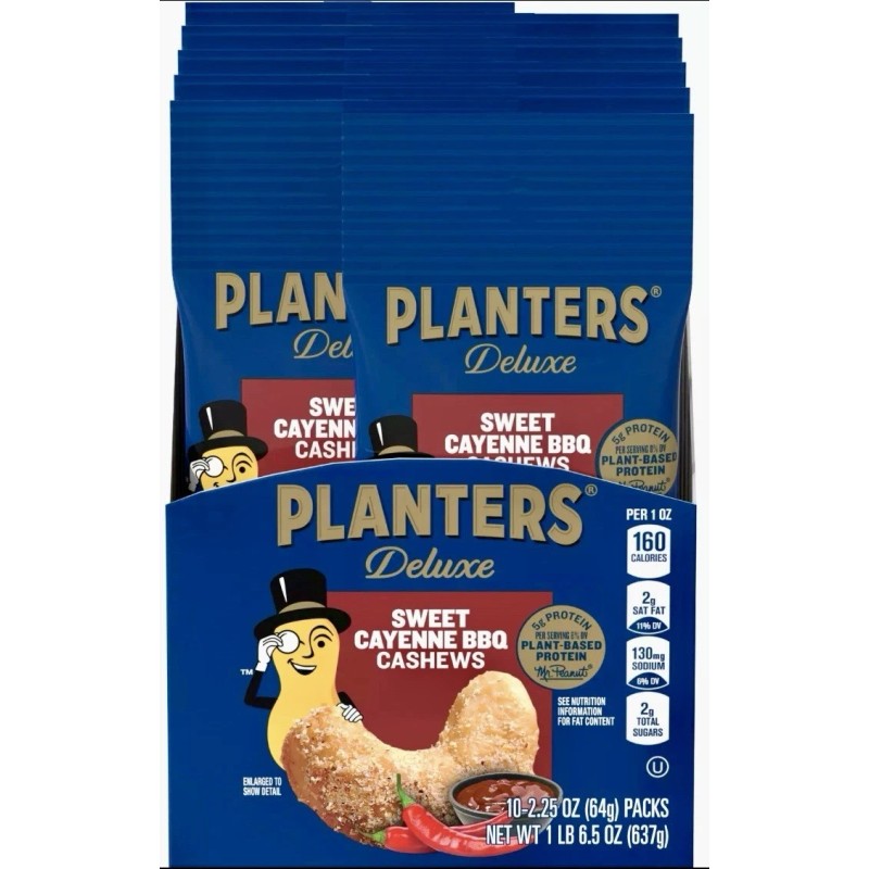 PLANTERS Deluxe~Sweet Cayenne BBQ Cashews~Box of 10-2.25oz Pks~Exp. 8/11/25~New