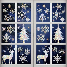 50 Pieces Christmas Trees Snowflake Reindeer Window Clings, Anti-Collision Window Decals to Save Birds from Collisions, Rainbow Prismatic Sun Catcher Glass Window Stickers Cling Holiday Decorations