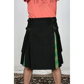 Men ' s Hybrid Utility Kilt Black & Irish Tartan (Belly Button 42)