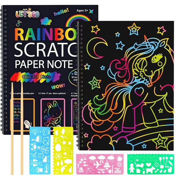 Scratch Paper Art, 2 Pack Rainbow Scratch Art Toys, Scratch Art Notebook for 4-10 Year Old Girls & Boys, Kids Educational Toys for 4 5 6 7 8 9 10 Years Old Birthday Gifts