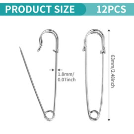 12 Pcs Large Safety Pins Strong, Nappy Pins Big Safety Pin Heavy Duty, 2.5 inch Thick Metal Durable Saftey Pin for Clothes Blankets Crafts Kilts Mattress Tablecloth