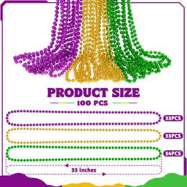100 PCS Mardi Gras Beads, 33" Mardi Gras Beads Necklaces Bulk, Round Purple Gold Green Beads Bulk, Parade Throw Accessories Set Carnival Mardi Gras Party Supplies Favors Decorations