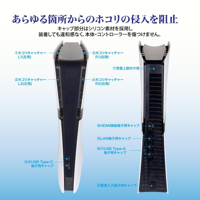 アンサー PS5Pro(CFI-7000)用 ホコリキャッチャー【ホコリ侵入防止/USBキャップ/コントローラ用キャップ/統一デザイン】 ANS-PSV045BK
