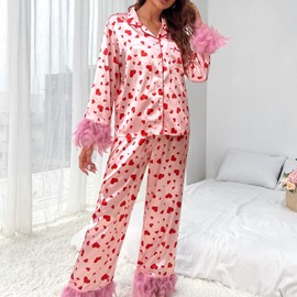 CocMouse Womens Valentines Day Feather Pajamas Set Long Sleeve Heart Print Button Up Top Pants Y2k Holiday Lounge Sets Cute Sleepwear (Pink, XL)