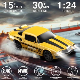 Everbigmai RC Drift Car 1:24 Remote Control Car 4WD 15KM/H High Speed Racing Sport Car with LED Lights RC Cars Toy Cars for Kids Boys Girls Adults Gifts Birthday Christmas Rechargeable Batteries