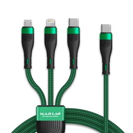 M.A.D LAB 3 in 1 USB C Charging Cable, USB C to USB C, Lightning, Micro USB, 100W Fast Charging, 1.3M Nylon Braided, E-Marker Chip, 480Mbps Data (Type C Only), for iPhone, iPad, Laptops, Tablet