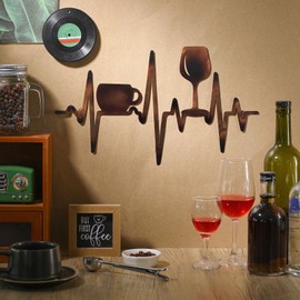 Blulu Heartbeat Coffee and Wine Bar Sign 15.75 x 9.04 Inch Rustic Copper Metal Wine Art Wall Decor Wall Hanging for Farmhouse Kitchen Home Bar Cafe Decor