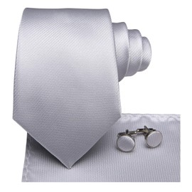 Hi-Tie Ties for Men Silk Necktie Pocket Square Cufflinks Wedding Formal Party Gift for Men,Silver Solid