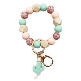 Phamines Silicone Beaded Wristlet Bracelet Keychain, Cute Cactus Beaded Bangle Elastic Keys Ring Holder Chains for Women Gift (Cactus)